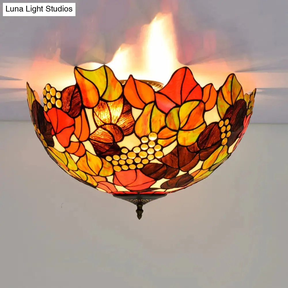 Tiffany Rose/Grape Flush Mount Lamp - Bronze Finish, Stained Glass, 5 Bulbs, Close to Ceiling Lighting Fixture