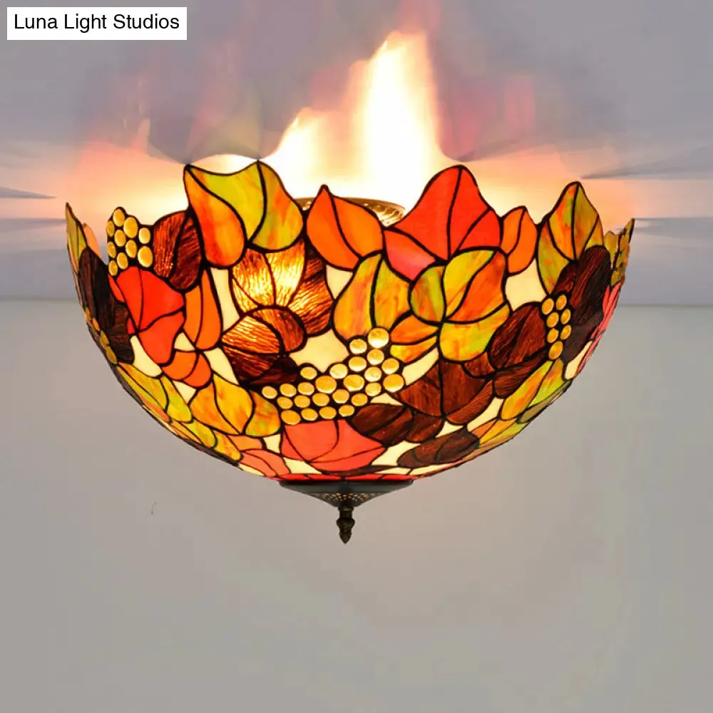 Tiffany Rose/Grape Flush Mount Lamp - Bronze Finish, Stained Glass, 5 Bulbs, Close to Ceiling Lighting Fixture