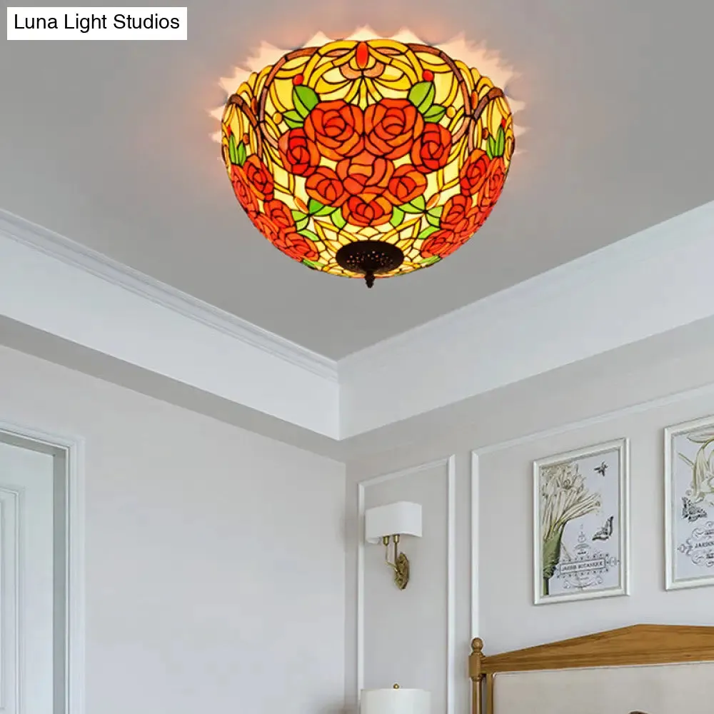 Tiffany Rose/Grape Flush Mount Lamp - Bronze Finish, Stained Glass, 5 Bulbs, Close to Ceiling Lighting Fixture