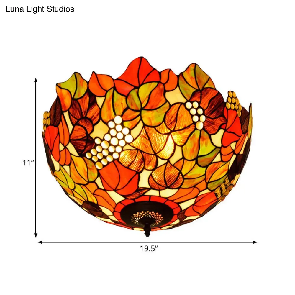 Tiffany Rose/Grape Flush Mount Lamp - Bronze Finish, Stained Glass, 5 Bulbs, Close to Ceiling Lighting Fixture