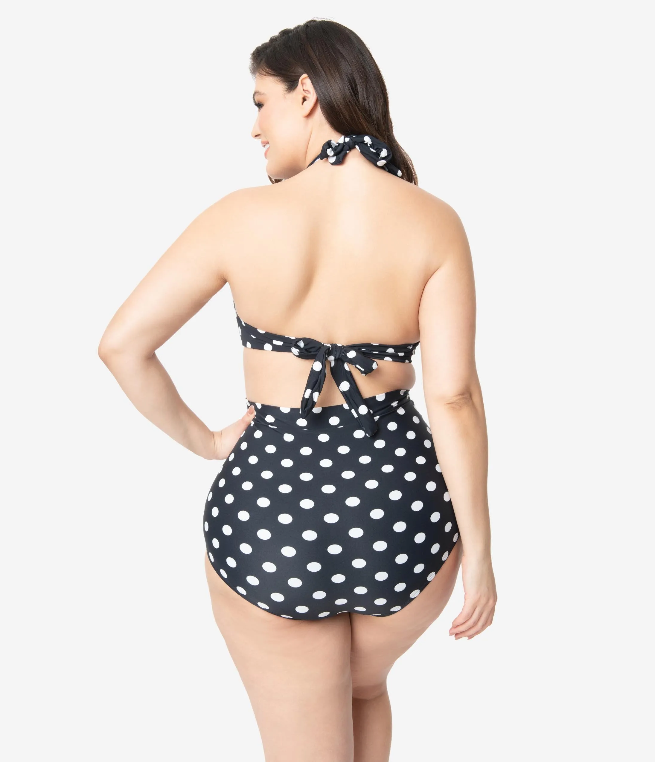 Unique Vintage Plus Size Black & White Polka Dot Print Monroe Halter Bikini Top