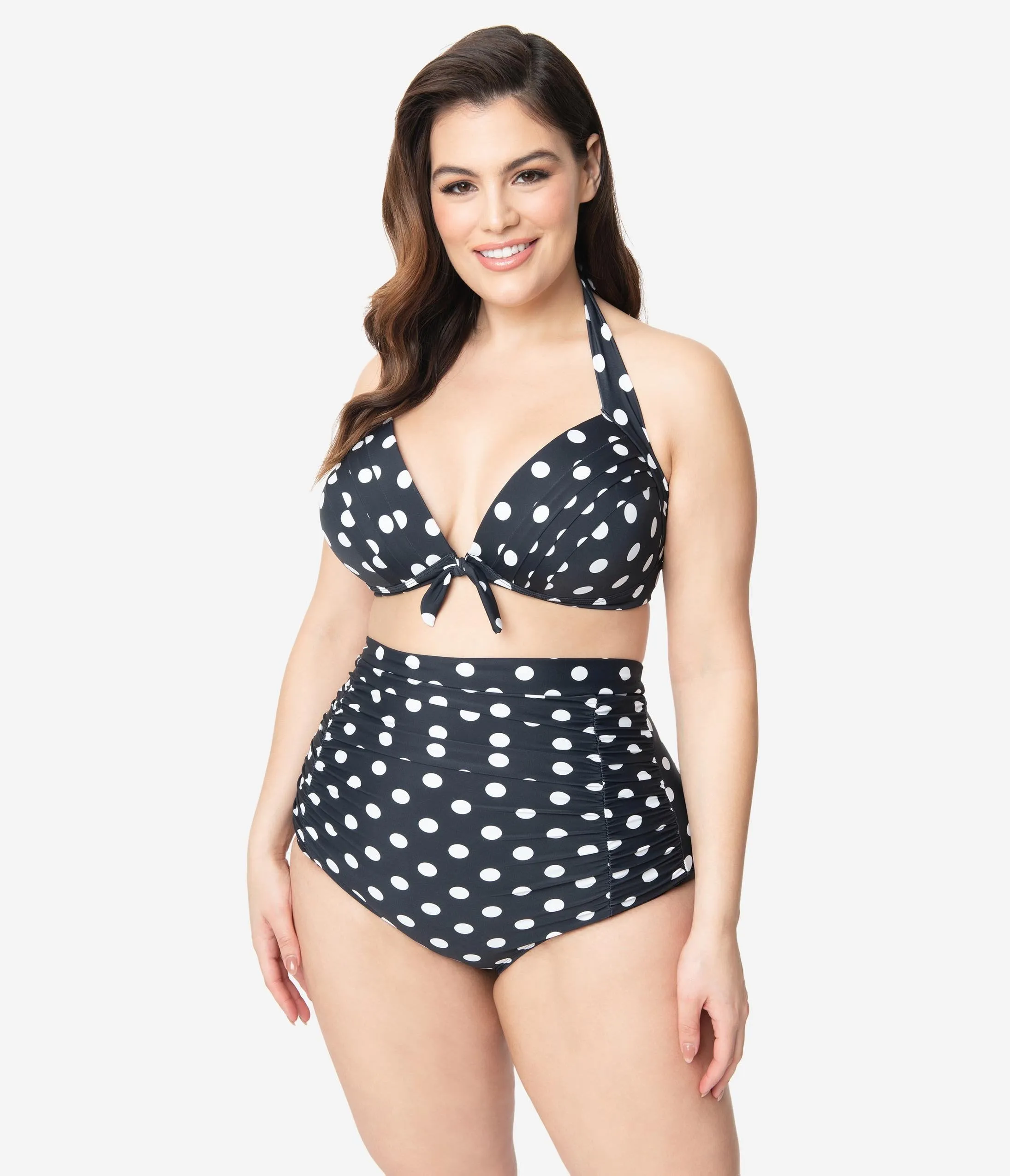 Unique Vintage Plus Size Black & White Polka Dot Print Monroe Halter Bikini Top