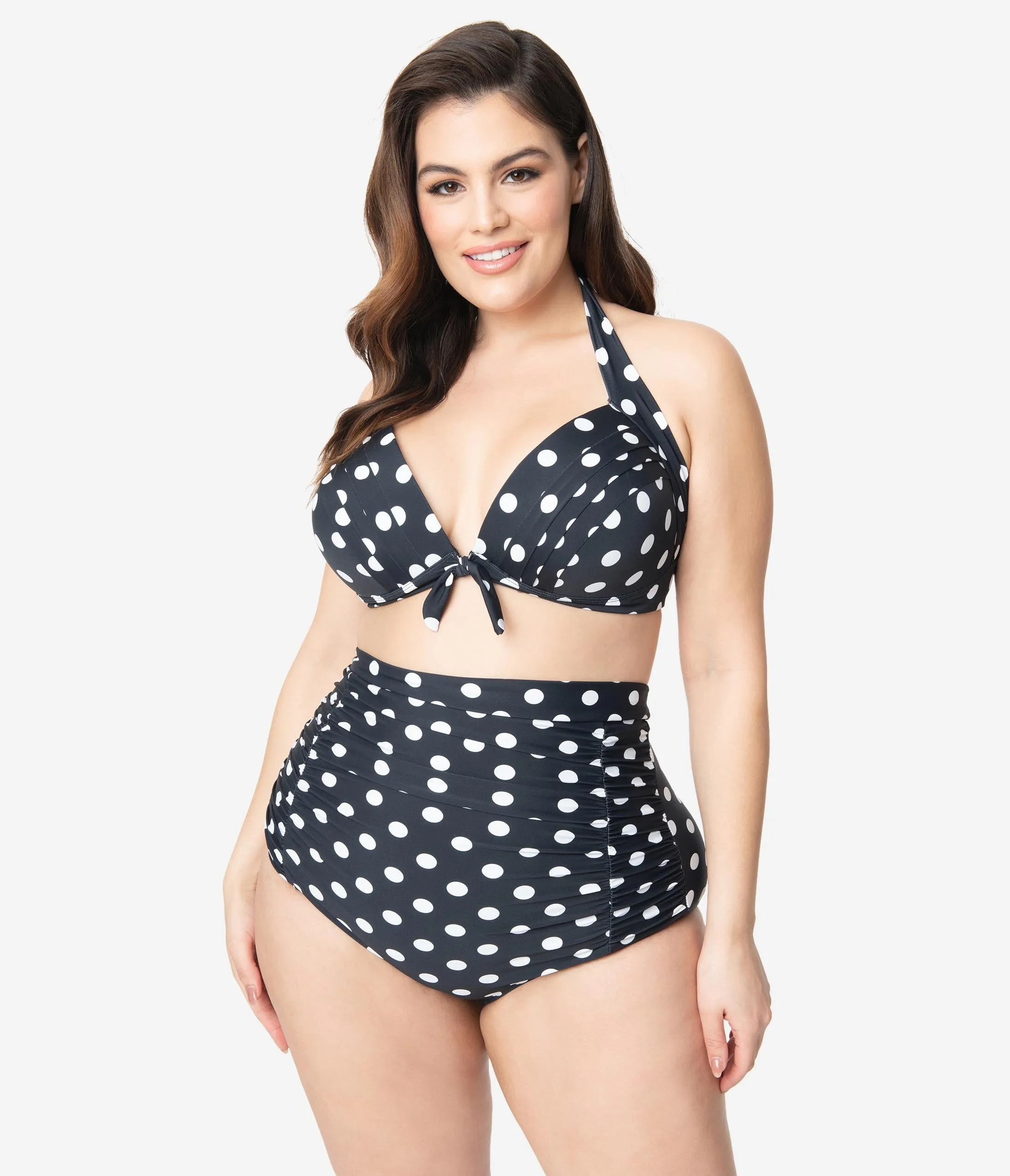 Unique Vintage Plus Size Black & White Polka Dot Print Monroe Halter Bikini Top
