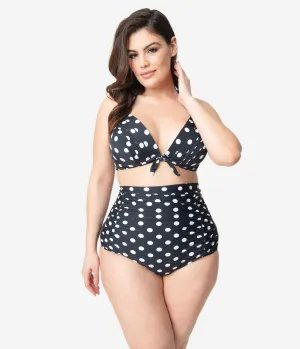 Unique Vintage Plus Size Black & White Polka Dot Print Monroe Halter Bikini Top