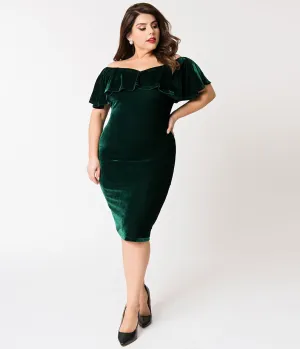 Unique Vintage Plus Size Emerald Green Velvet Draped Off Shoulder Sophia Wiggle Dress