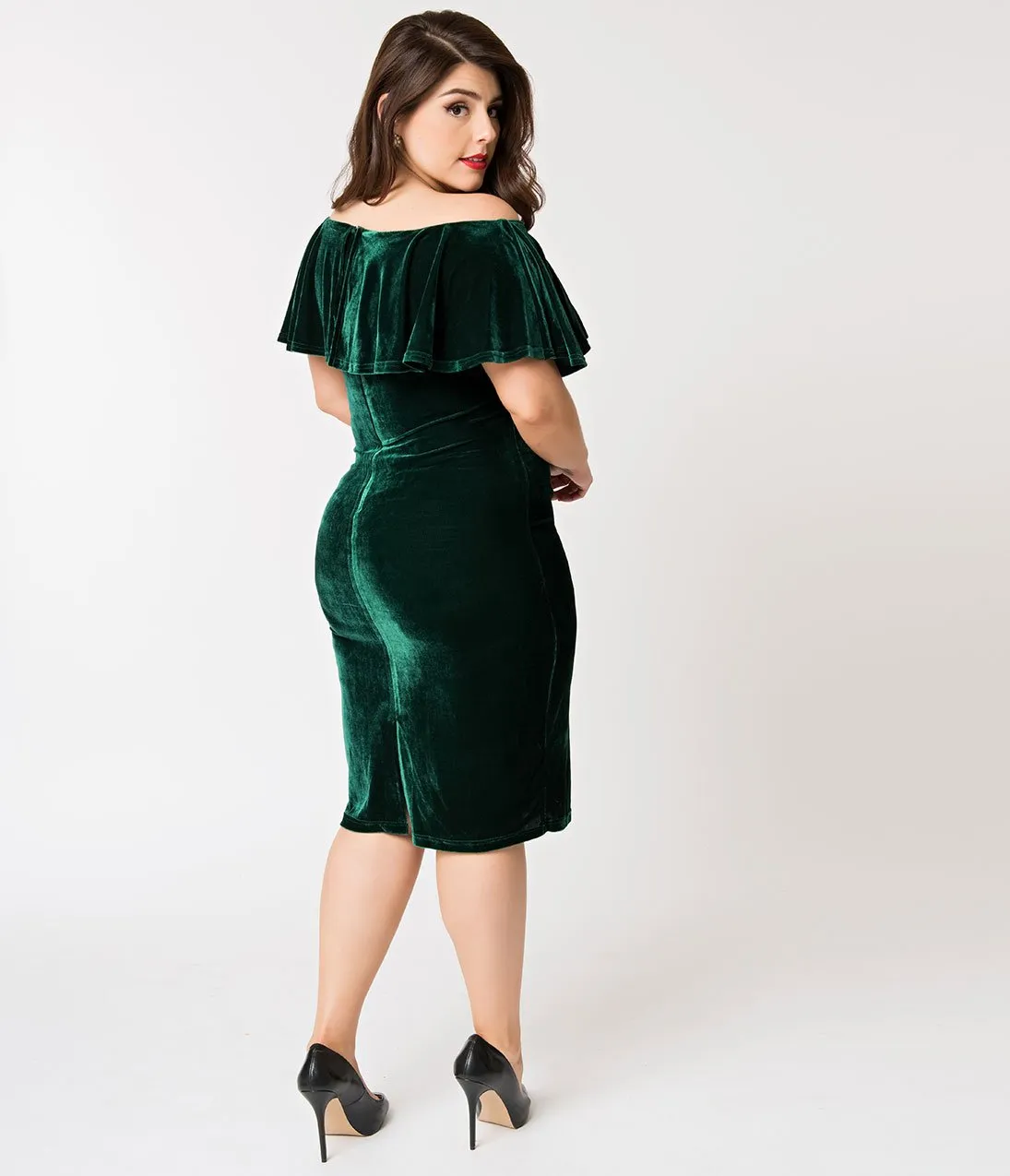 Unique Vintage Plus Size Emerald Green Velvet Draped Off Shoulder Sophia Wiggle Dress