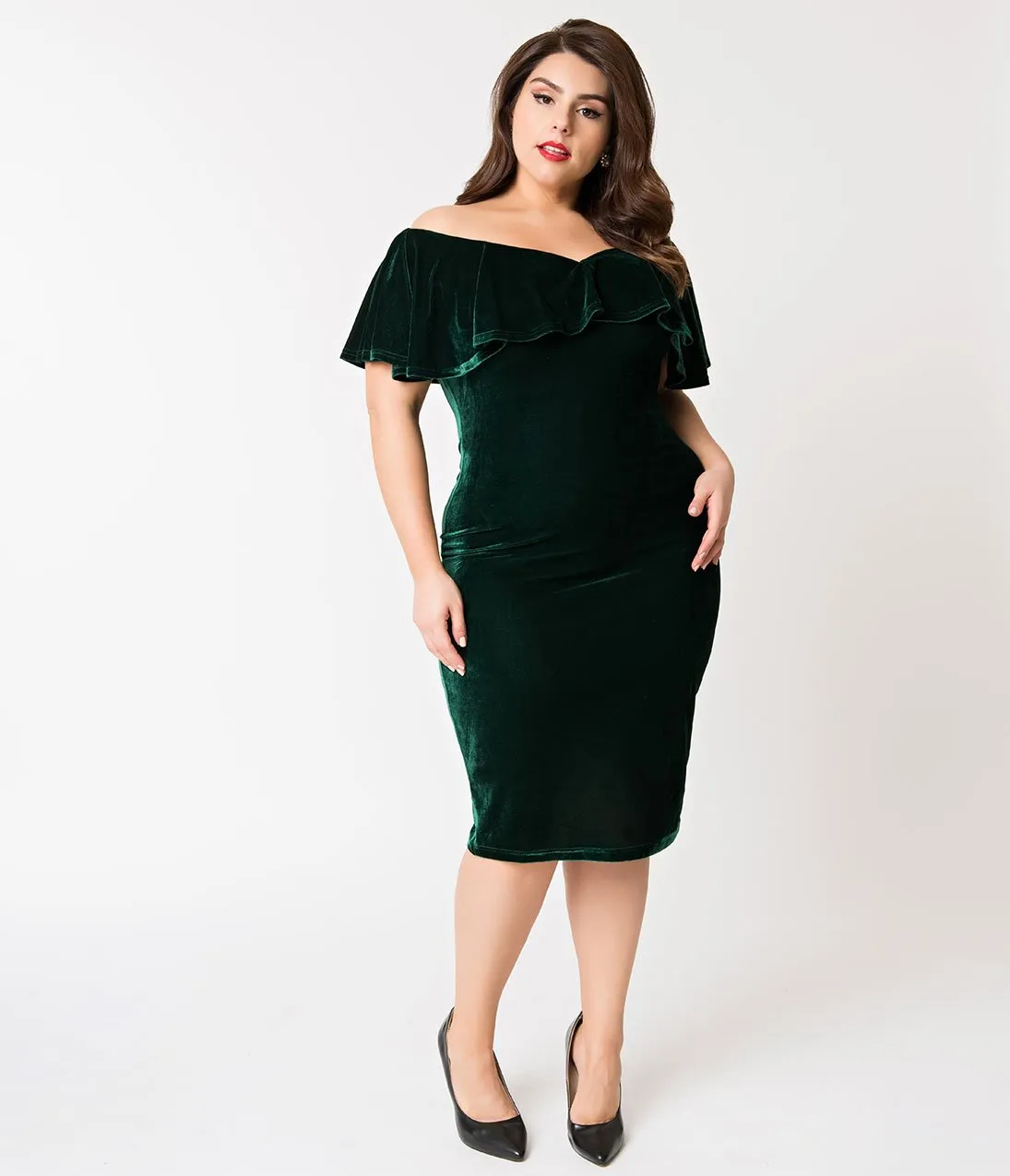 Unique Vintage Plus Size Emerald Green Velvet Draped Off Shoulder Sophia Wiggle Dress