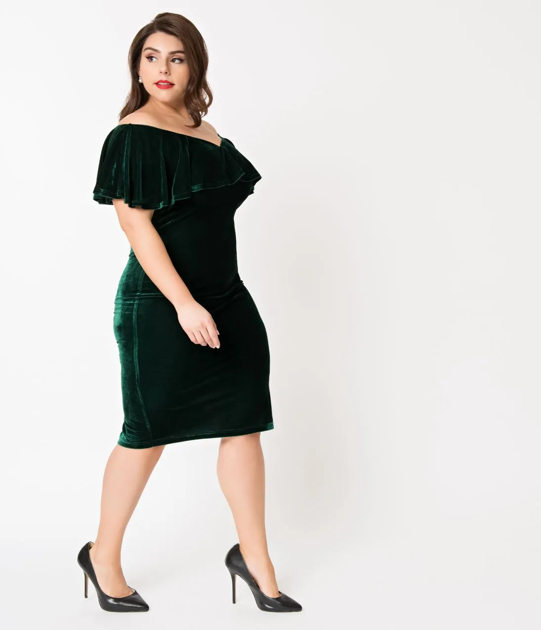 Unique Vintage Plus Size Emerald Green Velvet Draped Off Shoulder Sophia Wiggle Dress