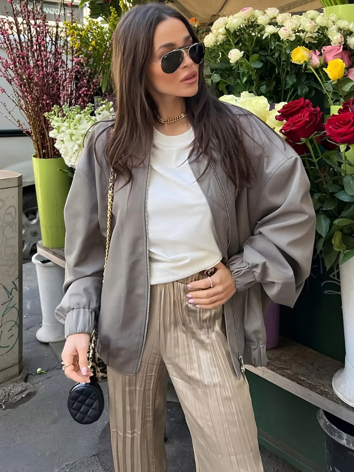 Utility Pockets Graceful Bomber Jacket