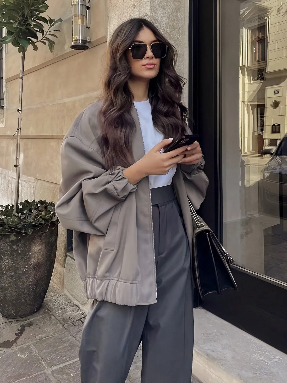 Utility Pockets Graceful Bomber Jacket