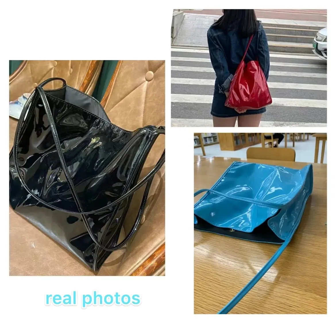 VAIGE Vintage Patent Leather Casual Tote Handbag - Large Capacity Shoulder Bag with Zipper Pocket