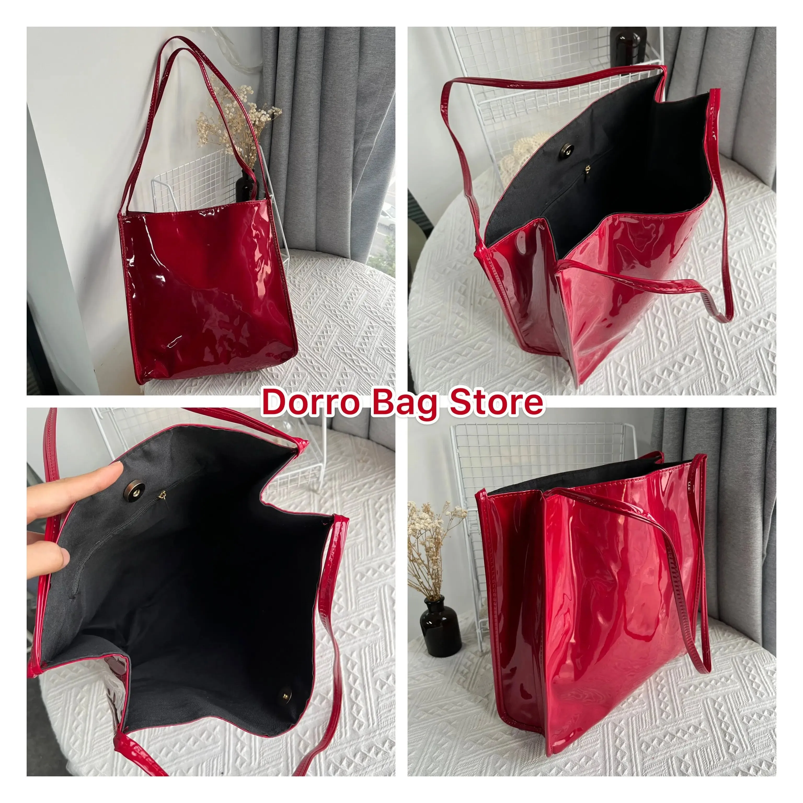 VAIGE Vintage Patent Leather Casual Tote Handbag - Large Capacity Shoulder Bag with Zipper Pocket