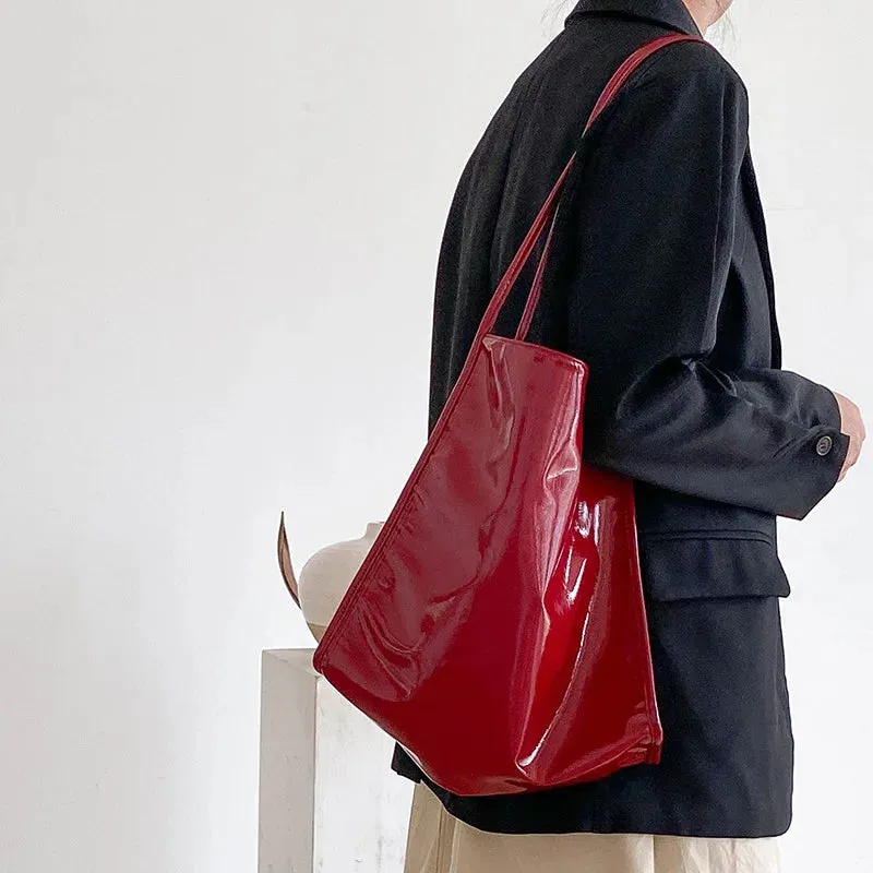 VAIGE Vintage Patent Leather Casual Tote Handbag - Large Capacity Shoulder Bag with Zipper Pocket