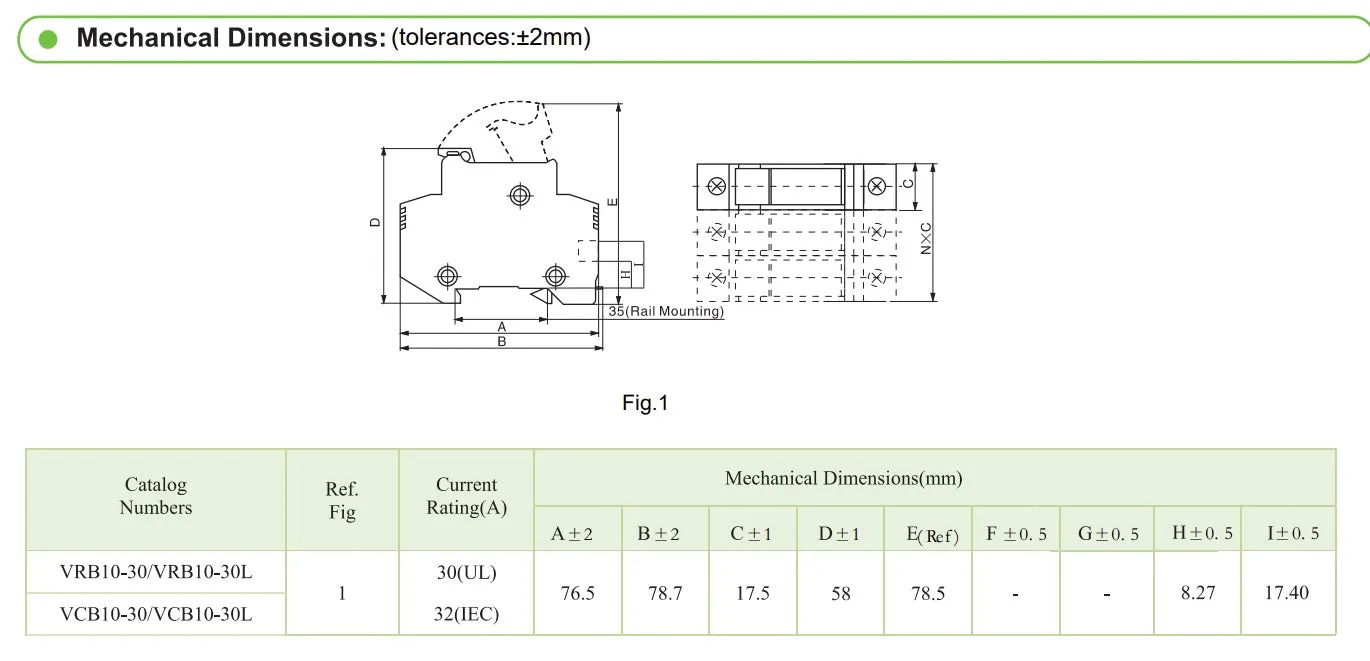VCB10-30 2P 1000V, DIN Rail Mount Fuse Holder Two Pole for 10.3 x 38mm, 1000VDC Solar gPV Fuse