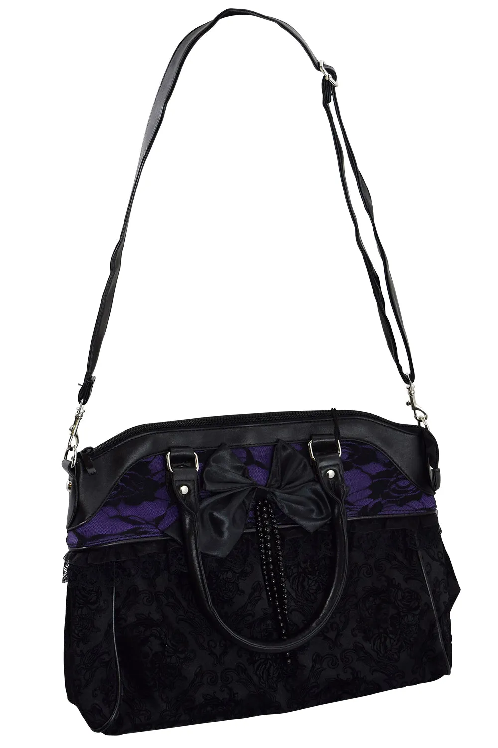 Victorian Gothic Dark Princess Velvet Skull Flocked with Bow Handbag, Black, Medium