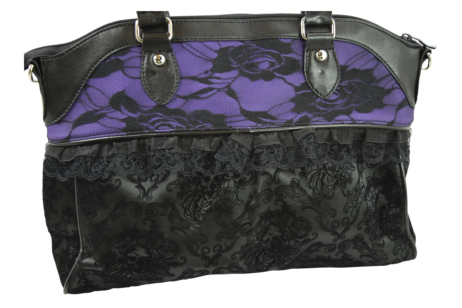 Victorian Gothic Dark Princess Velvet Skull Flocked with Bow Handbag, Black, Medium