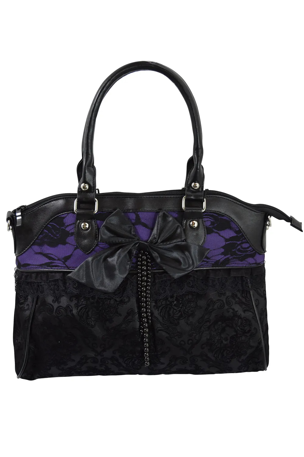 Victorian Gothic Dark Princess Velvet Skull Flocked with Bow Handbag, Black, Medium
