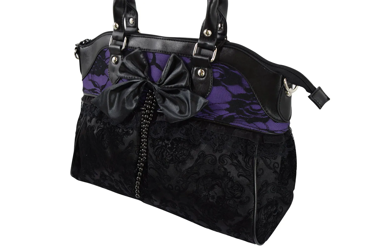 Victorian Gothic Dark Princess Velvet Skull Flocked with Bow Handbag, Black, Medium