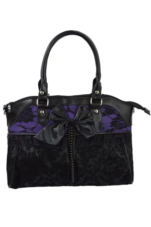 Victorian Gothic Dark Princess Velvet Skull Flocked with Bow Handbag, Black, Medium
