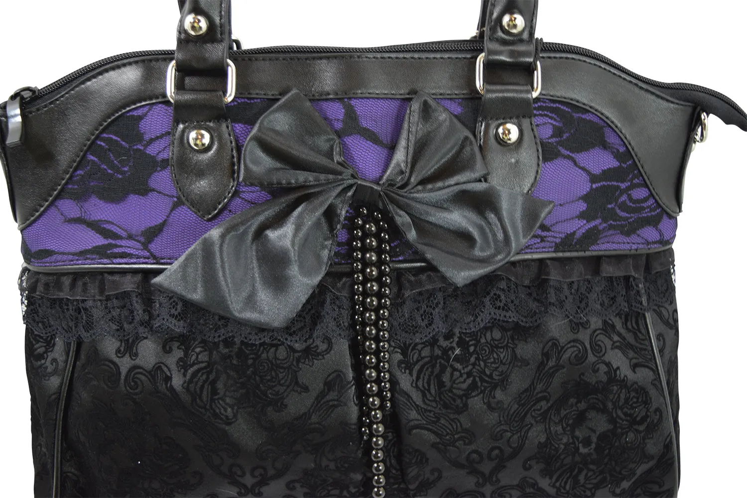 Victorian Gothic Dark Princess Velvet Skull Flocked with Bow Handbag, Black, Medium