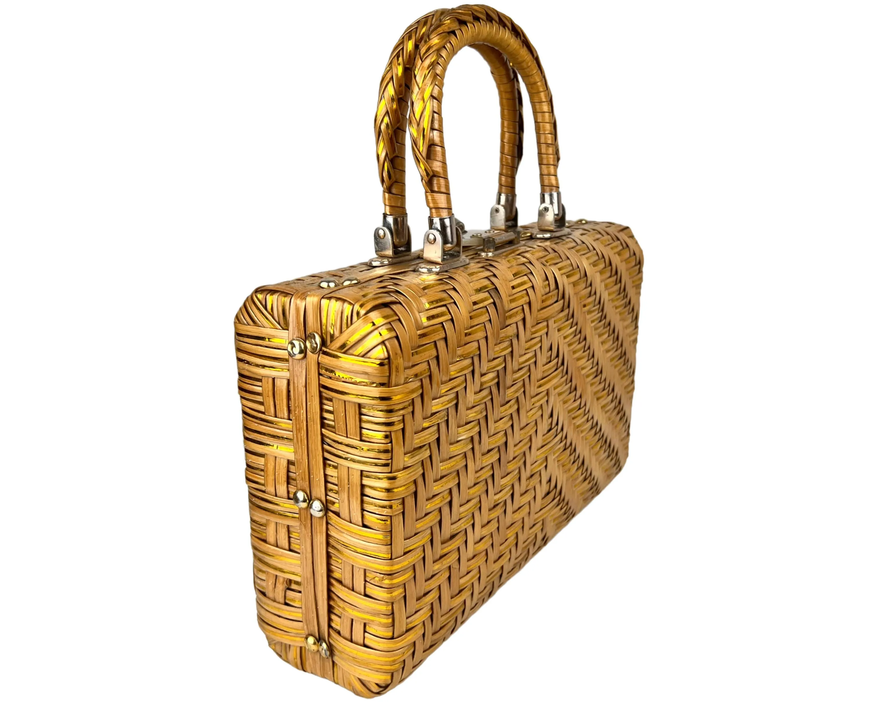 Vintage 1960s Handbag Vinyl Straw w Gold Strips Box Purse British Hong Kong - VFG