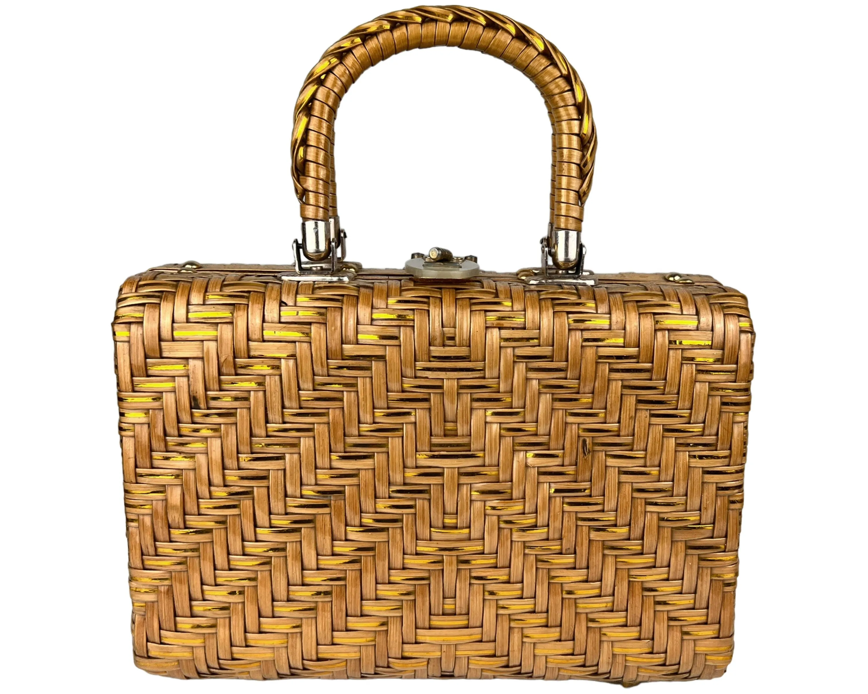Vintage 1960s Handbag Vinyl Straw w Gold Strips Box Purse British Hong Kong - VFG