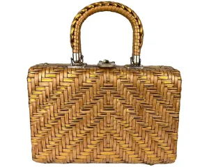 Vintage 1960s Handbag Vinyl Straw w Gold Strips Box Purse British Hong Kong - VFG