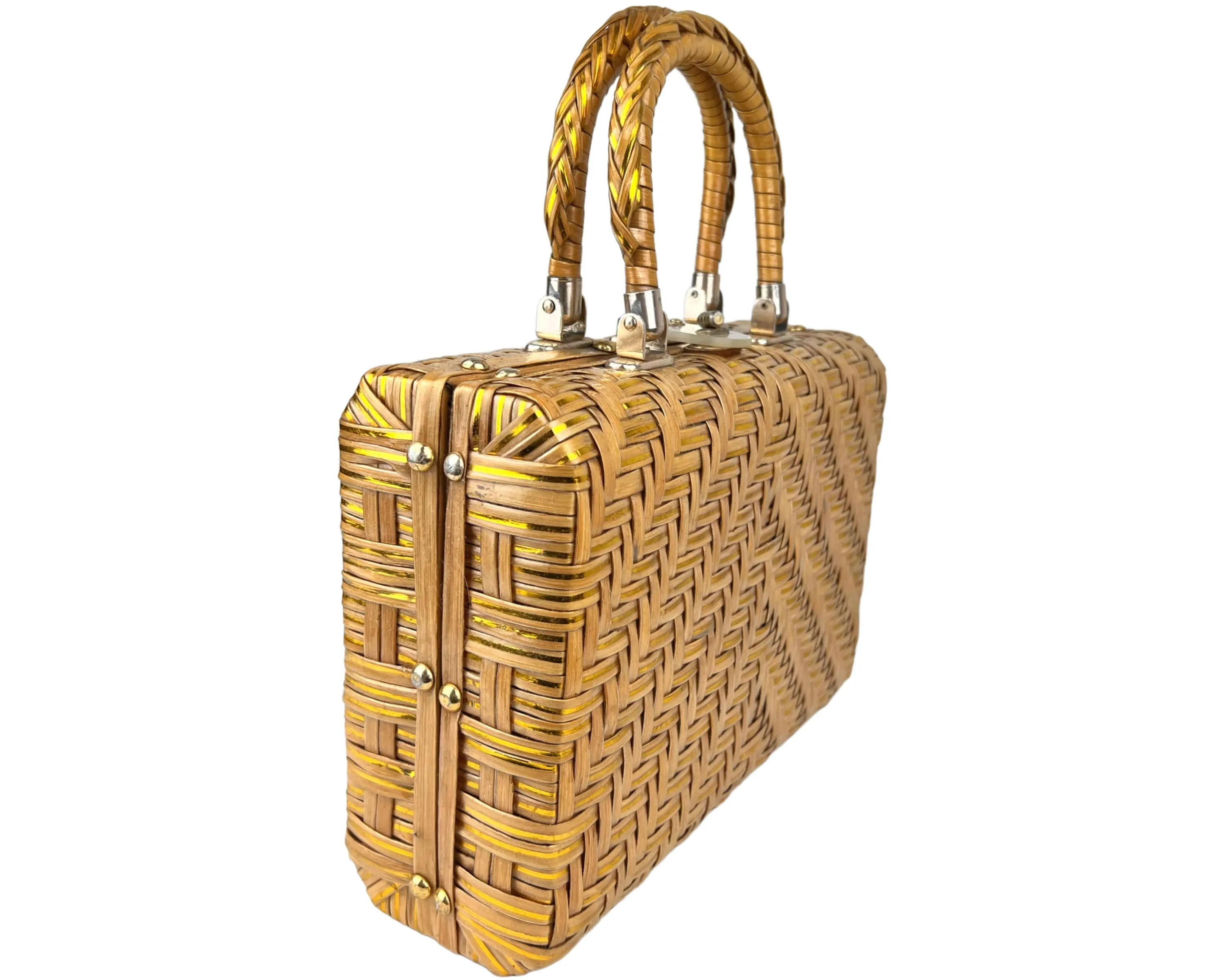 Vintage 1960s Handbag Vinyl Straw w Gold Strips Box Purse British Hong Kong - VFG