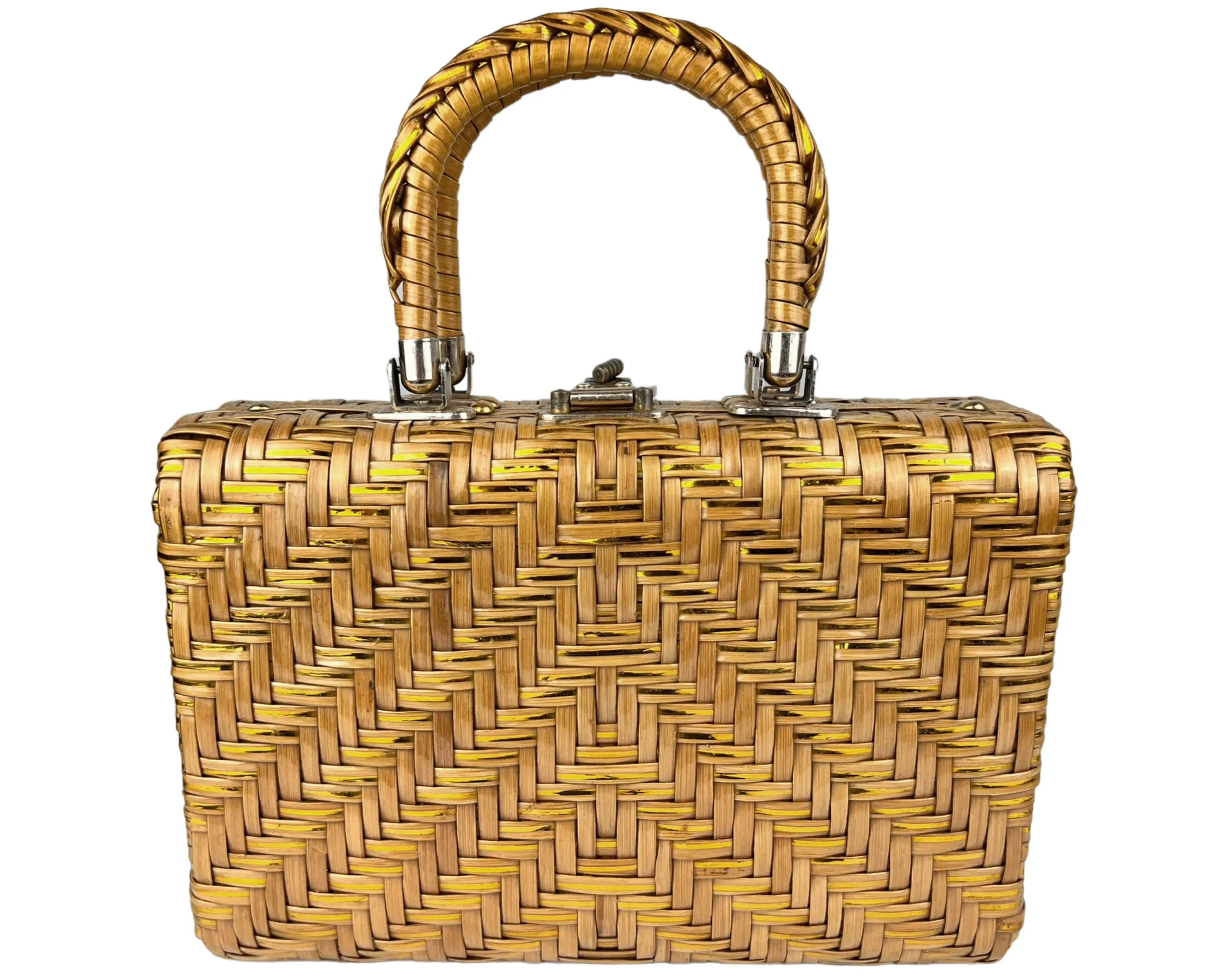 Vintage 1960s Handbag Vinyl Straw w Gold Strips Box Purse British Hong Kong - VFG