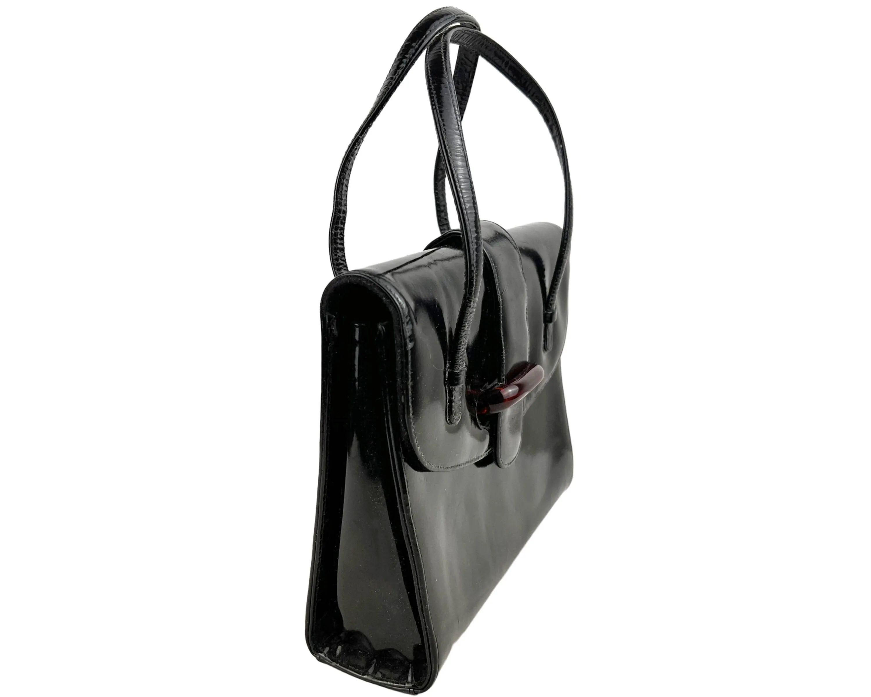 Vintage 1960s Italian Handbag Purse Black Patent Leather Mannelli Florence - VFG