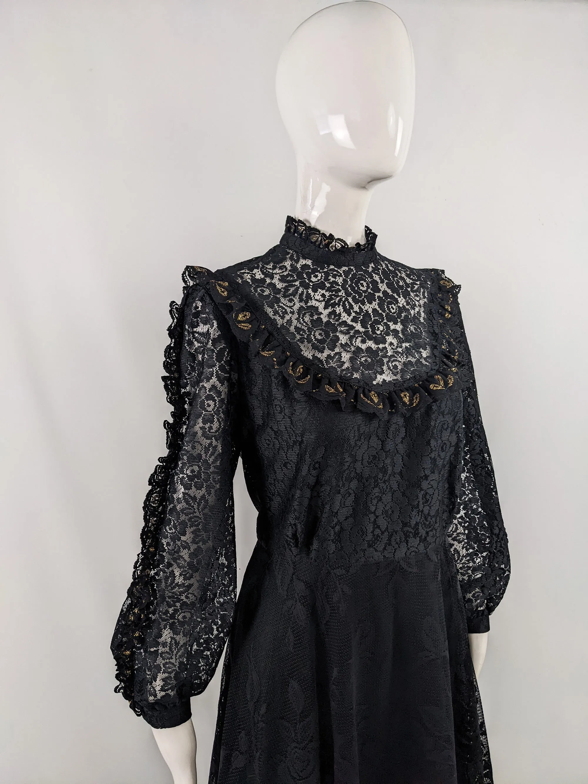 Vintage Black & Gold Lace Victorian Evening Dress, 1980s