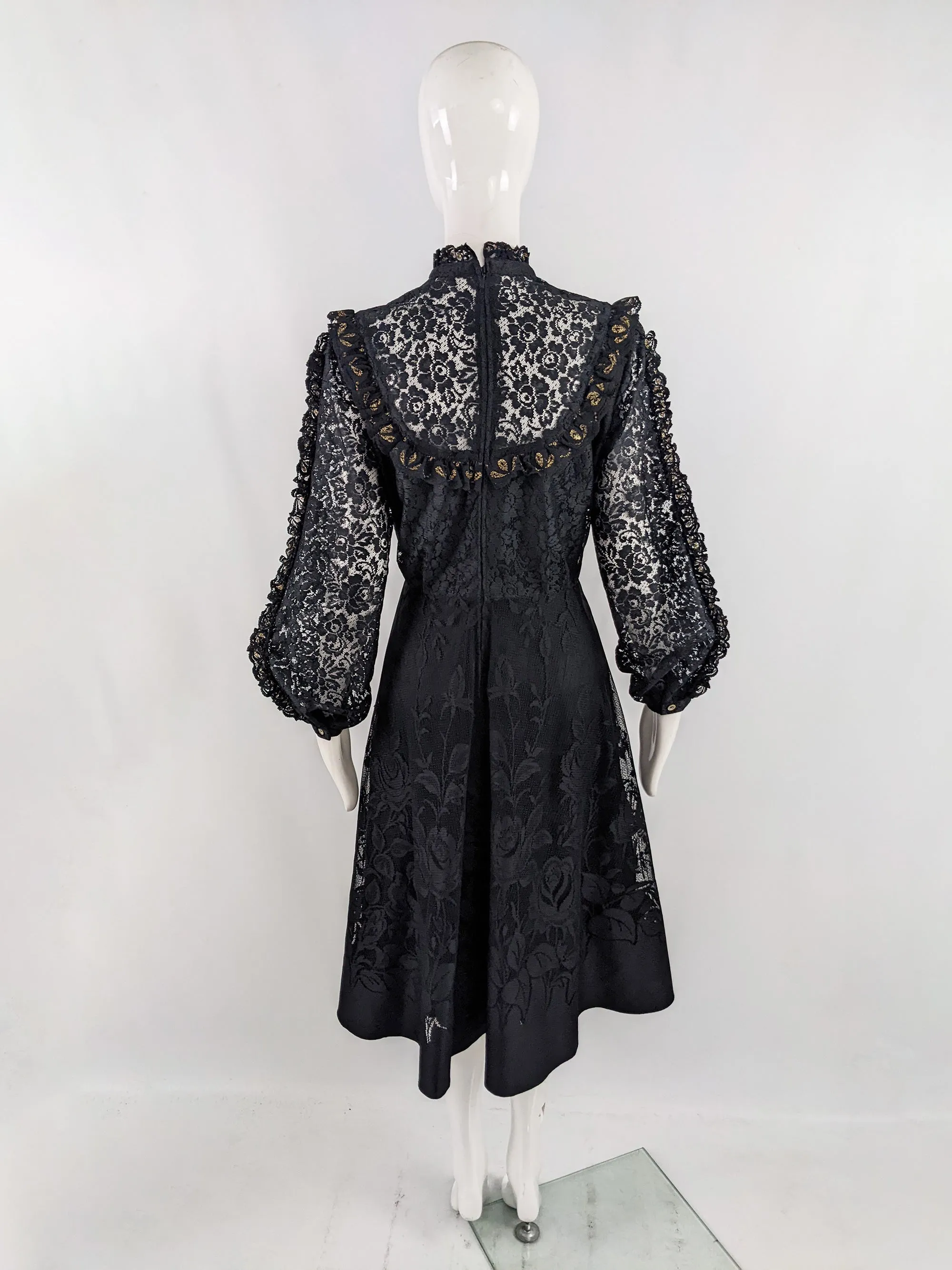 Vintage Black & Gold Lace Victorian Evening Dress, 1980s
