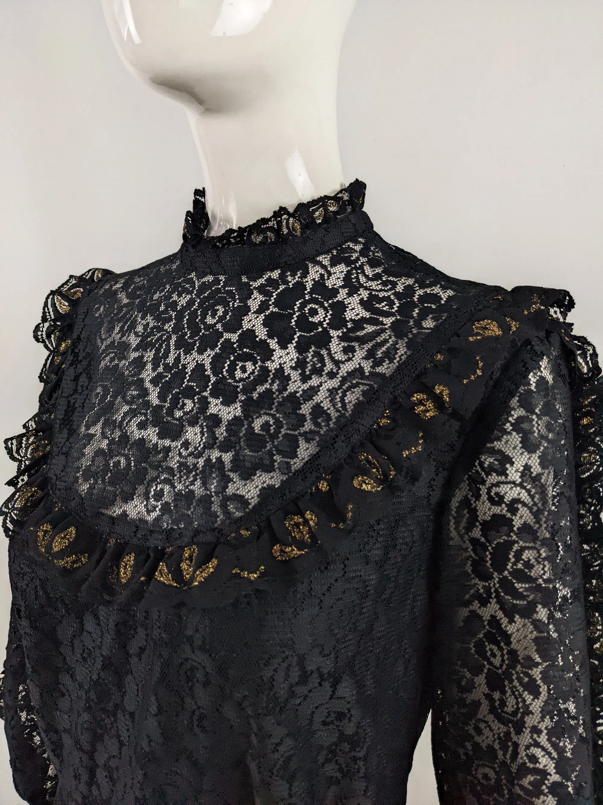 Vintage Black & Gold Lace Victorian Evening Dress, 1980s