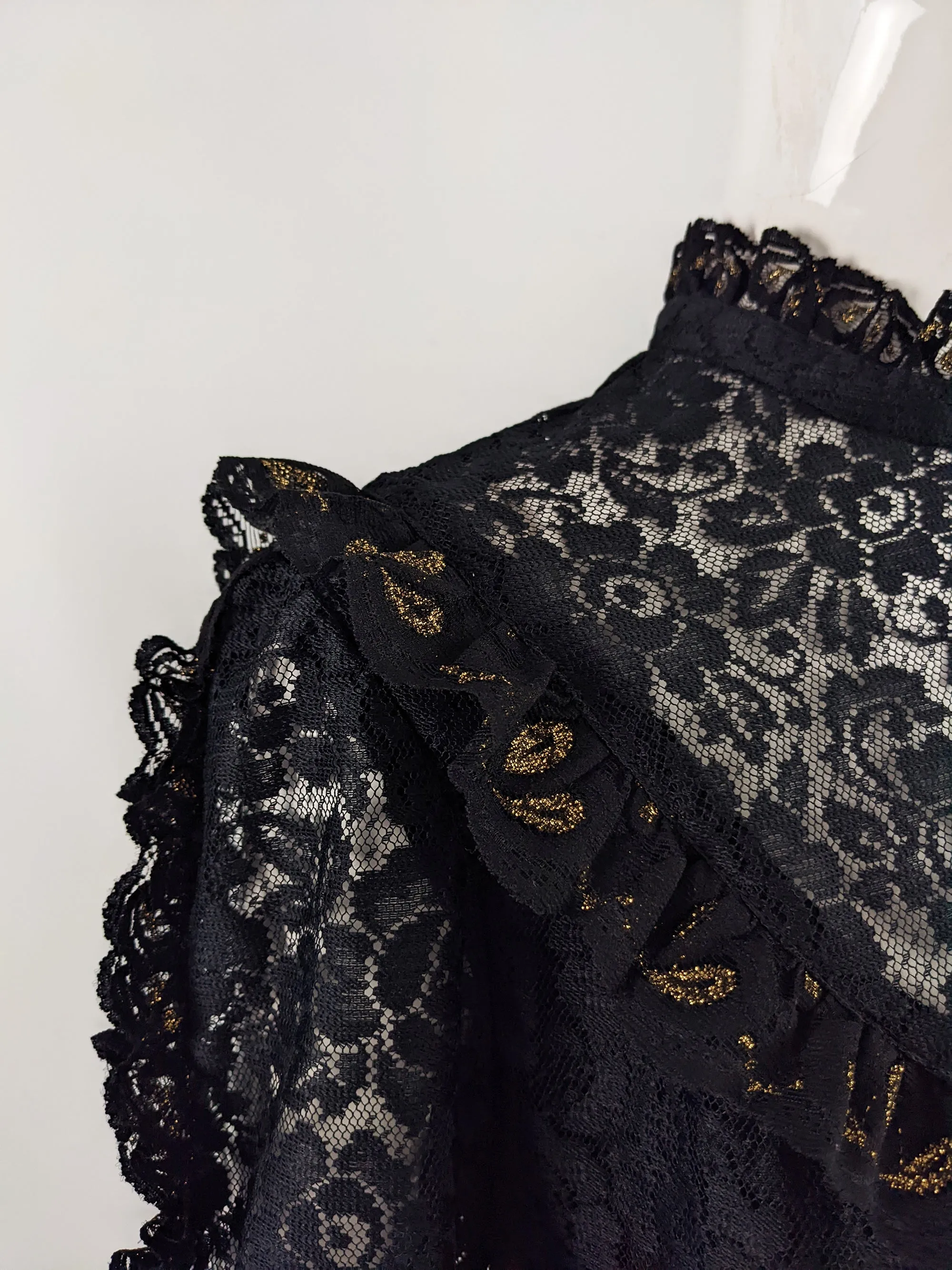 Vintage Black & Gold Lace Victorian Evening Dress, 1980s