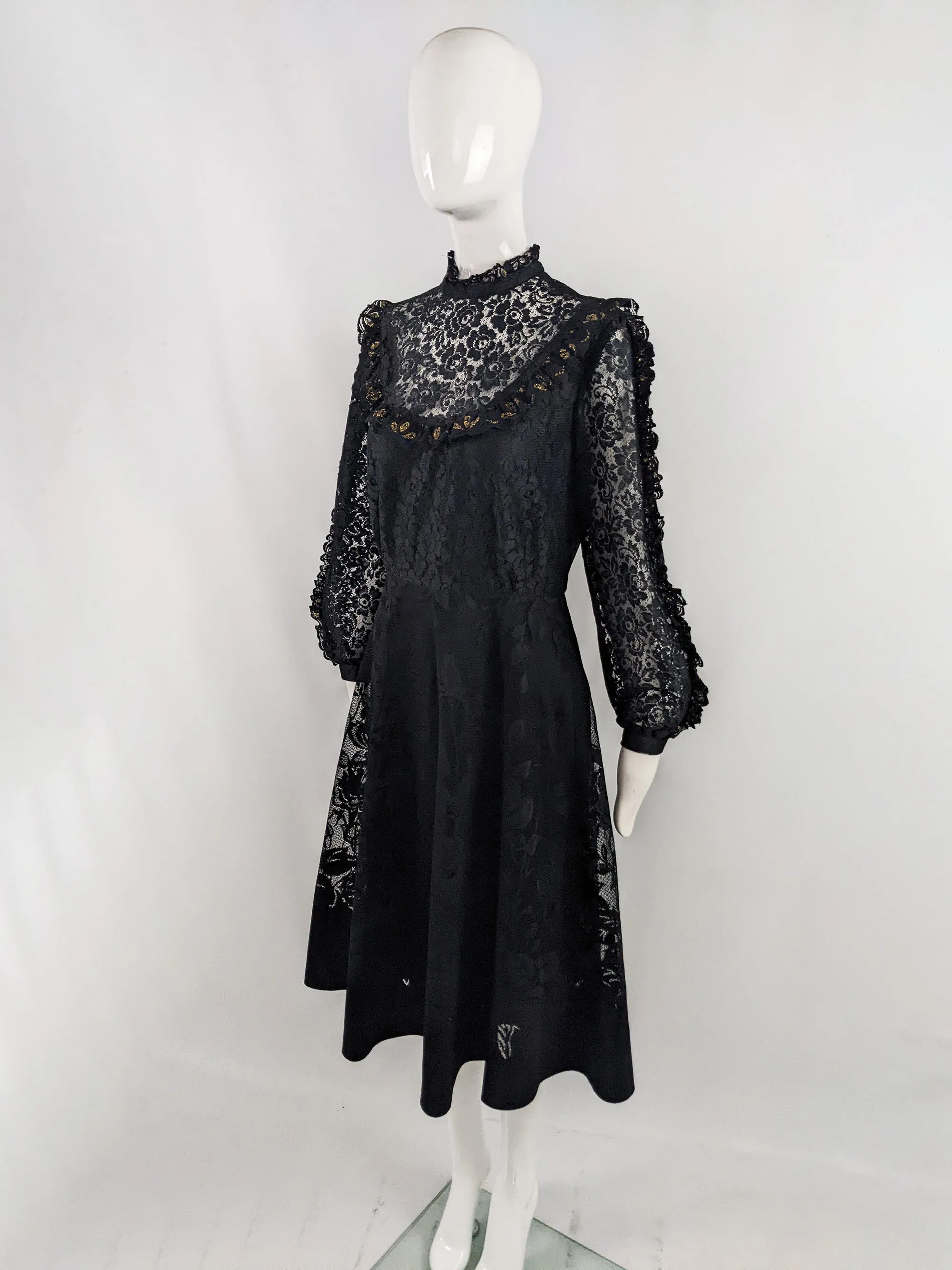 Vintage Black & Gold Lace Victorian Evening Dress, 1980s