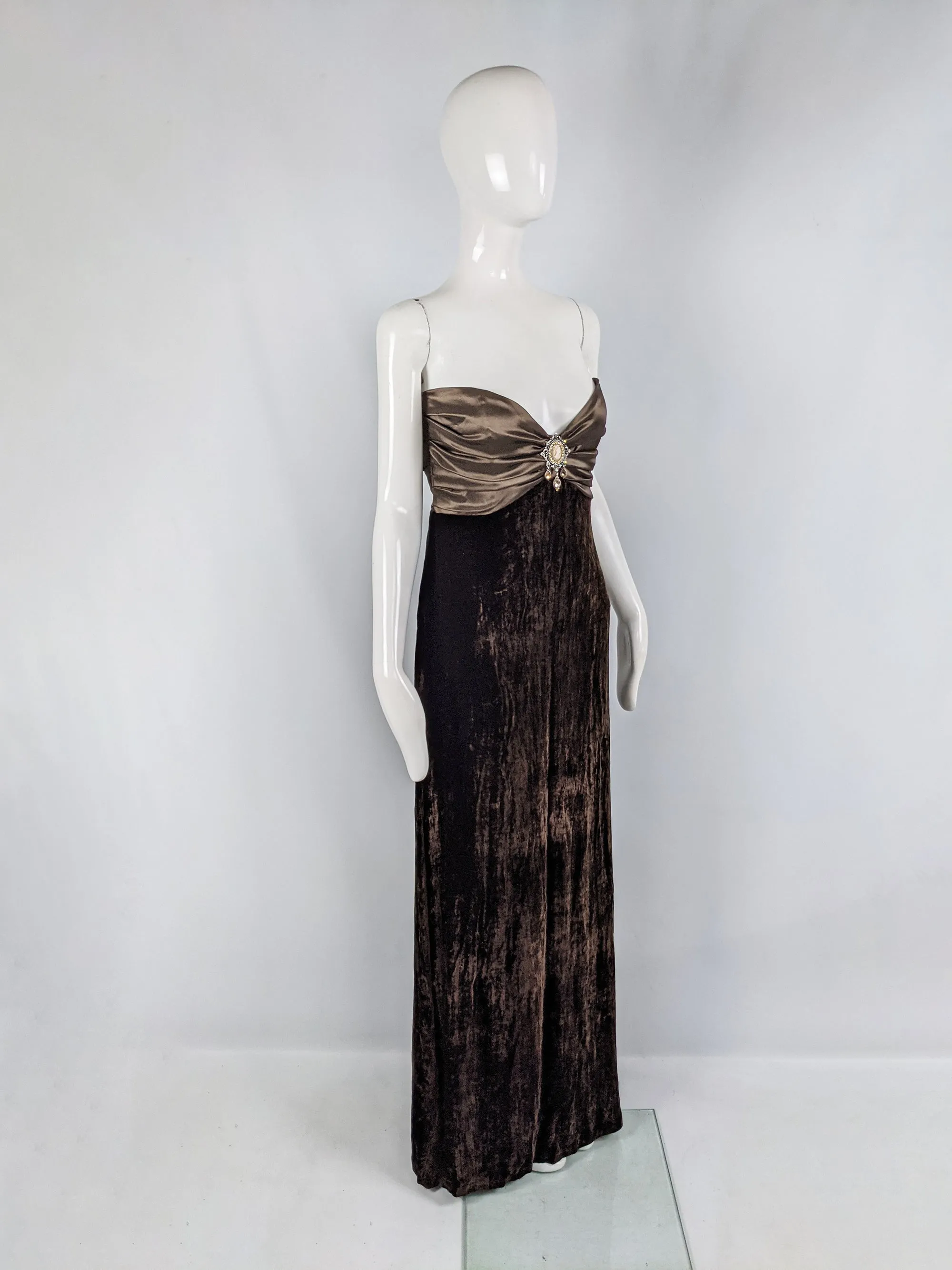 Vintage Brown Velvet & Satin Cameo Evening Dress, 1990s