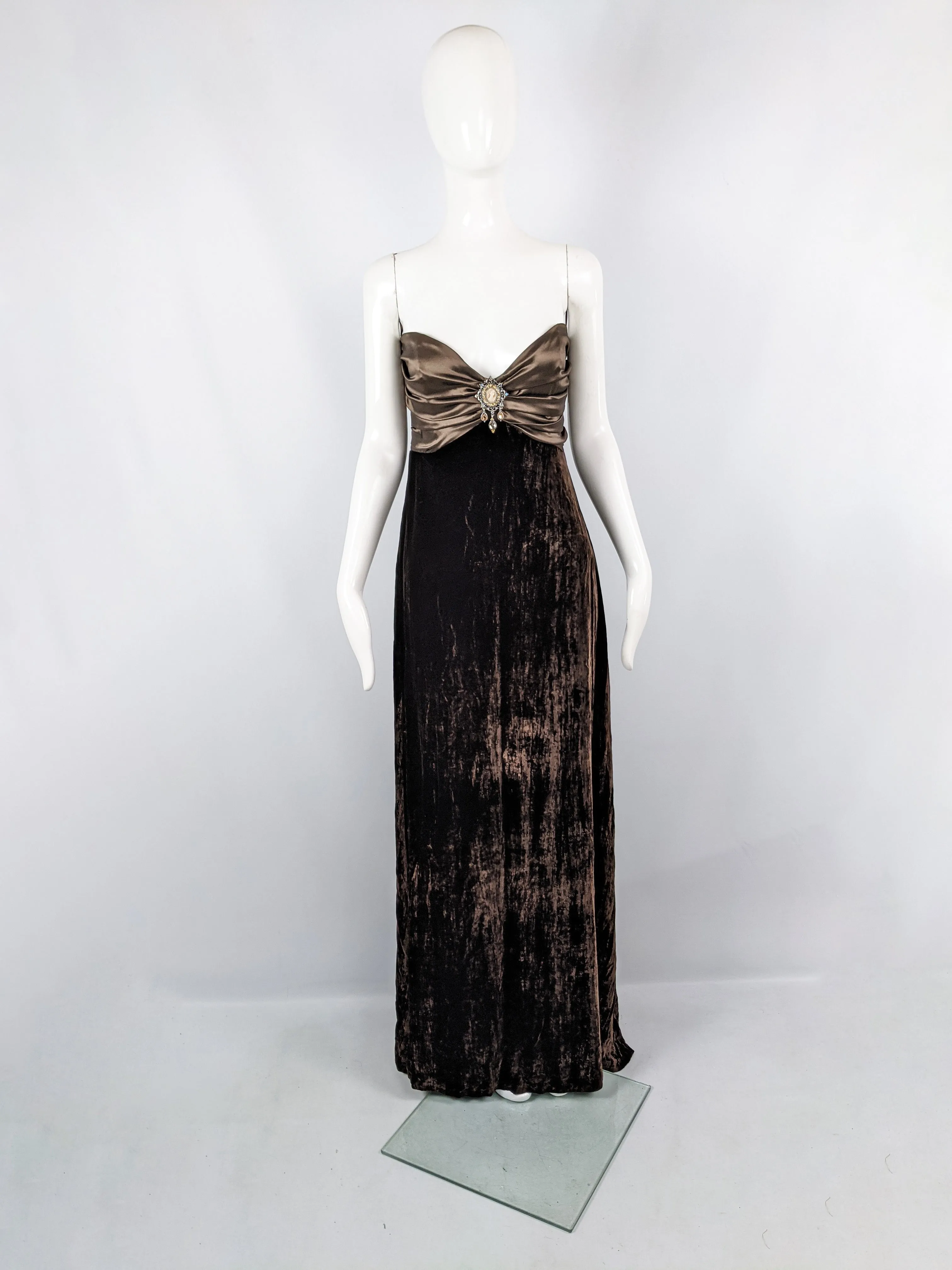 Vintage Brown Velvet & Satin Cameo Evening Dress, 1990s