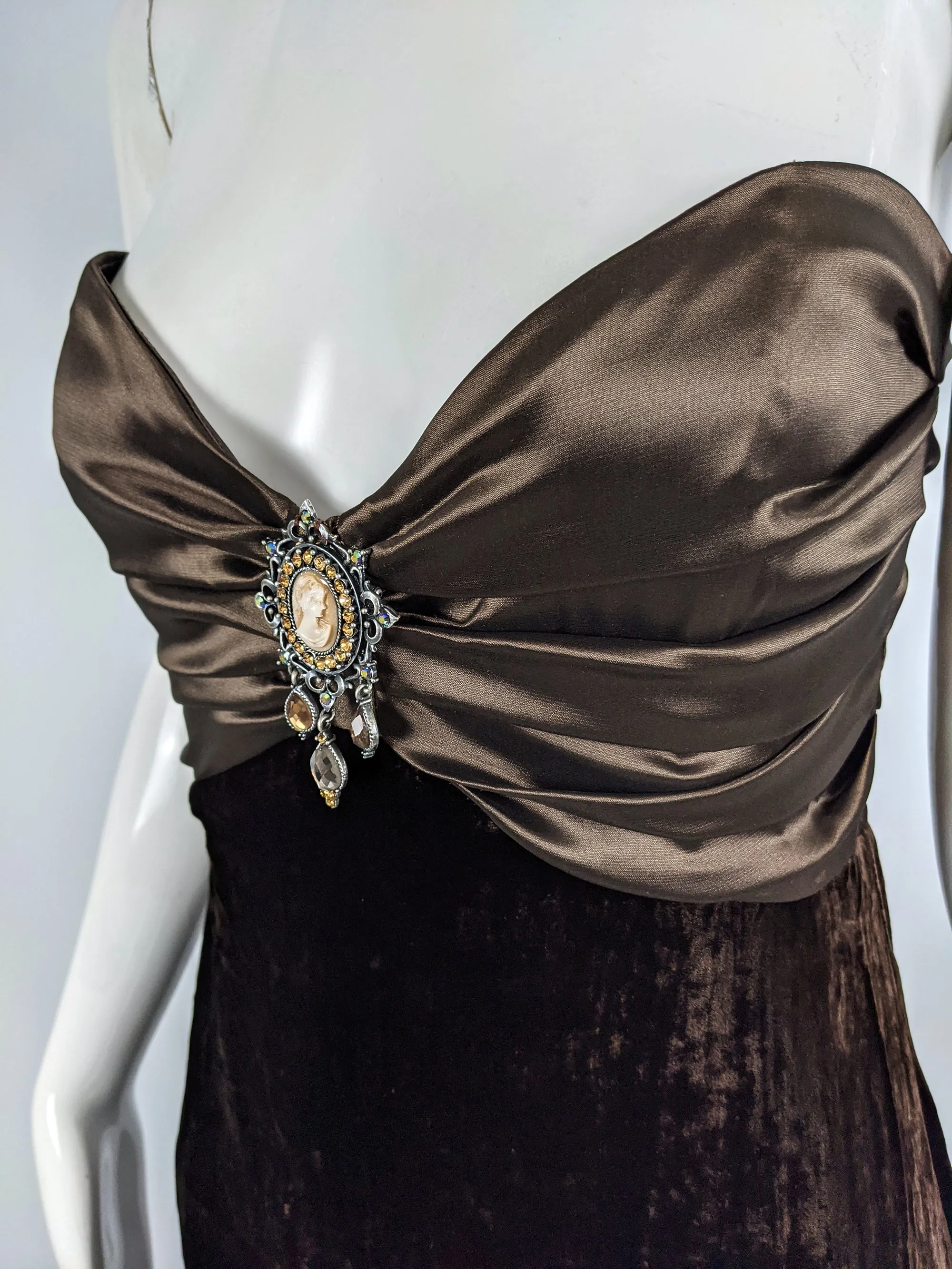 Vintage Brown Velvet & Satin Cameo Evening Dress, 1990s