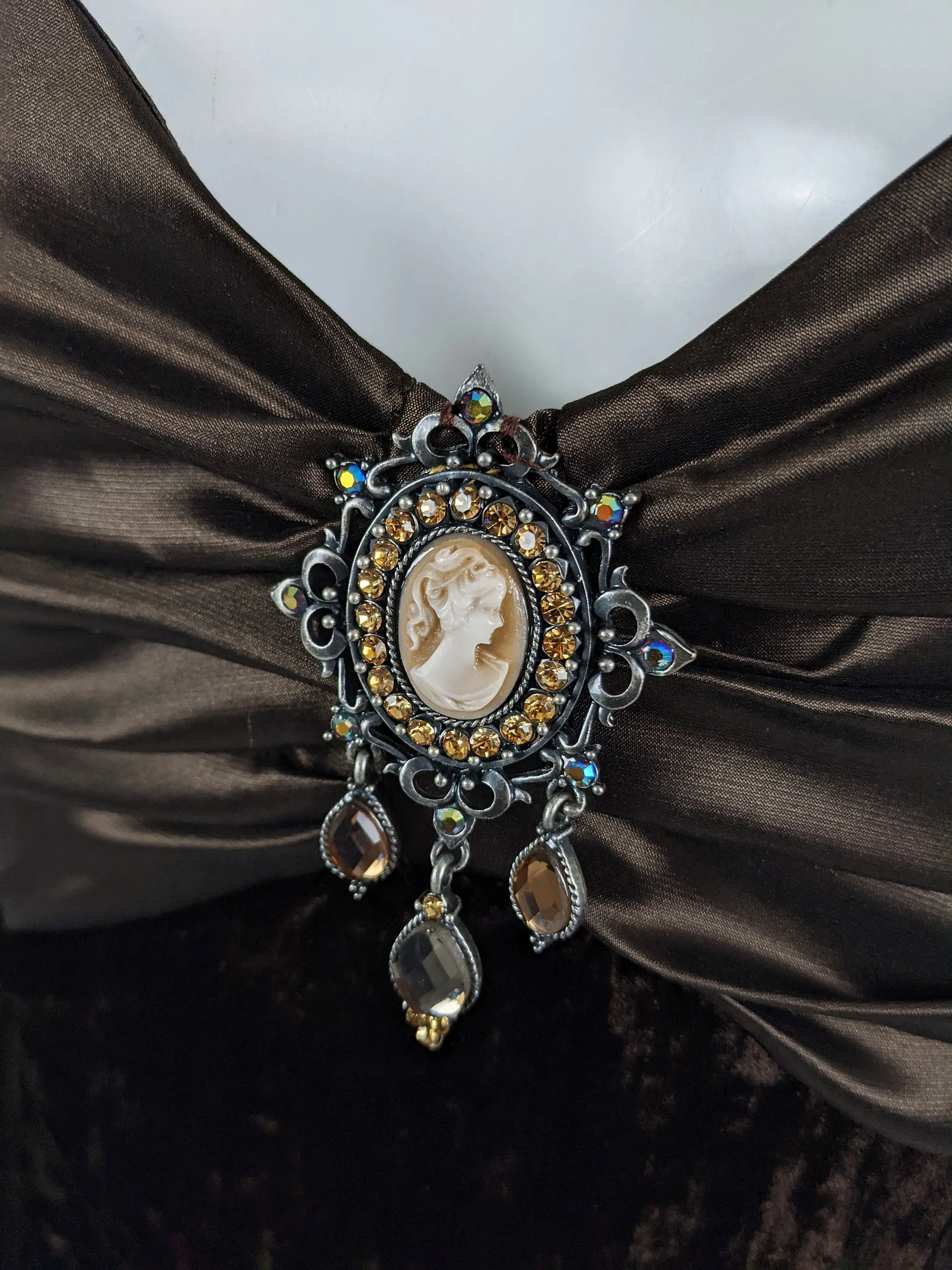 Vintage Brown Velvet & Satin Cameo Evening Dress, 1990s