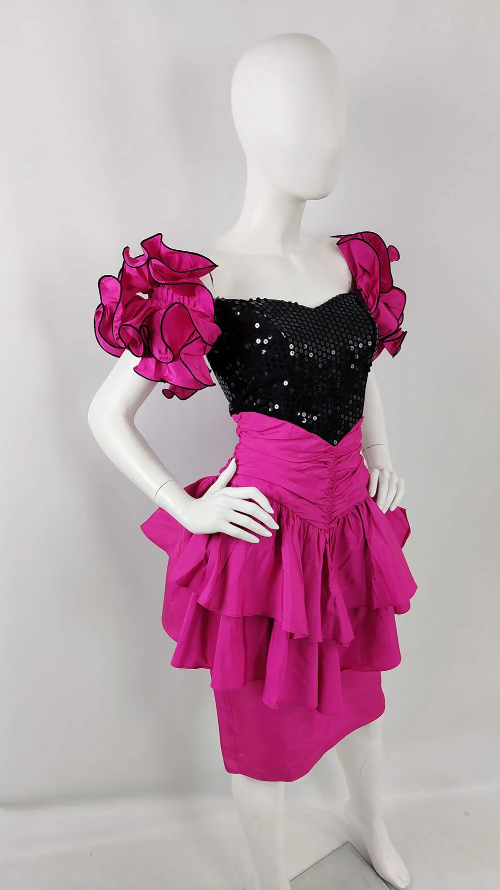 Vintage Magenta Taffeta & Black Sequin 1980s Prom Dress