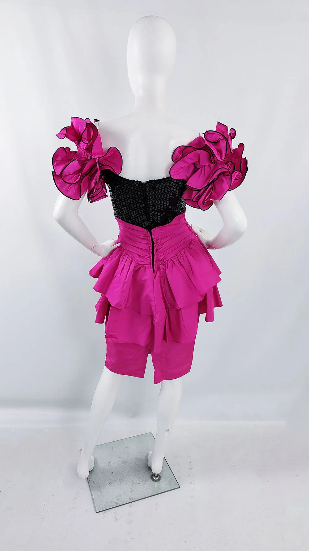 Vintage Magenta Taffeta & Black Sequin 1980s Prom Dress