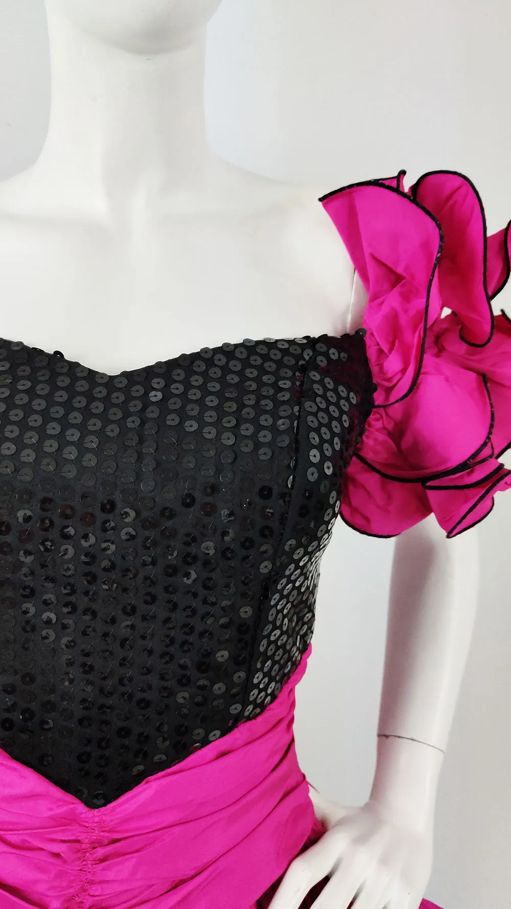 Vintage Magenta Taffeta & Black Sequin 1980s Prom Dress