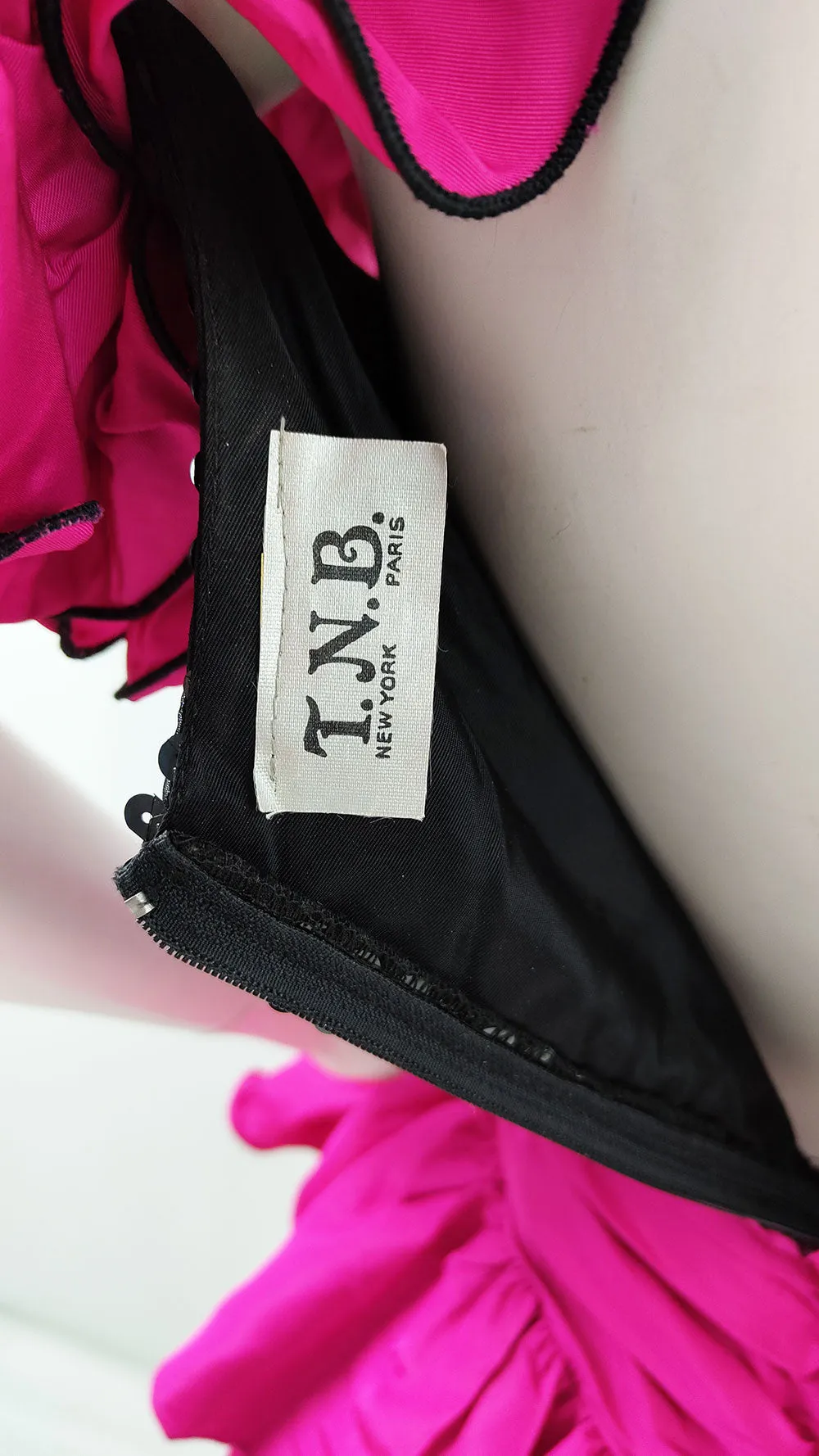 Vintage Magenta Taffeta & Black Sequin 1980s Prom Dress