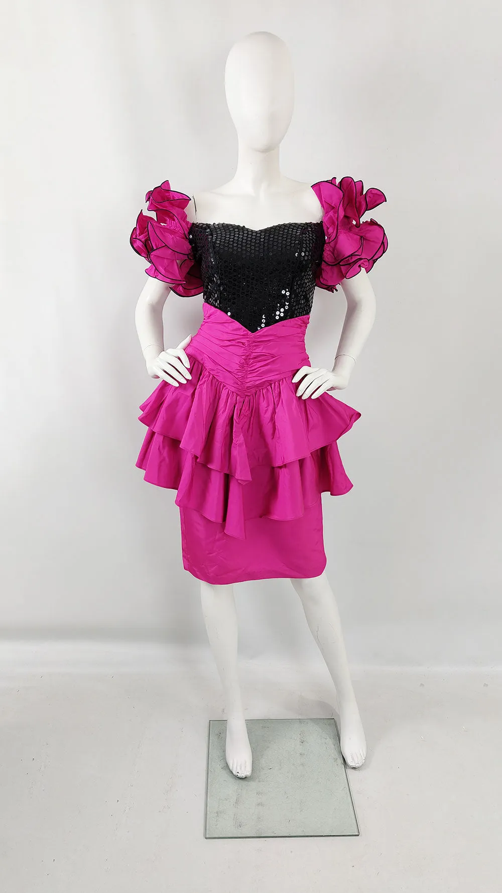 Vintage Magenta Taffeta & Black Sequin 1980s Prom Dress
