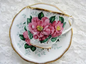 VINTAGE Queen Anne English Bone China Lovely Teacup and Saucer PINK Flowers CAMELLIA Pattern Lavish Gold Trim Collectible Cup and Saucer