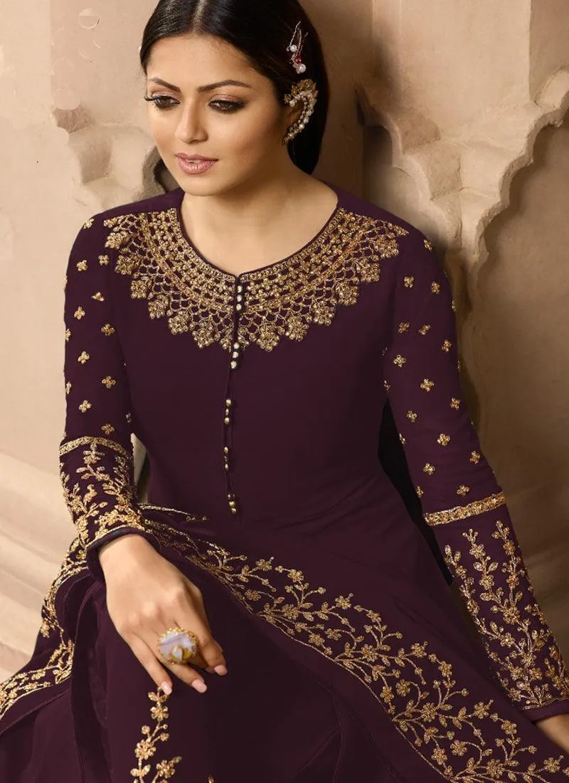 Wine Color Georgette Base Wedding Wear Embroidery Anarkali Suit