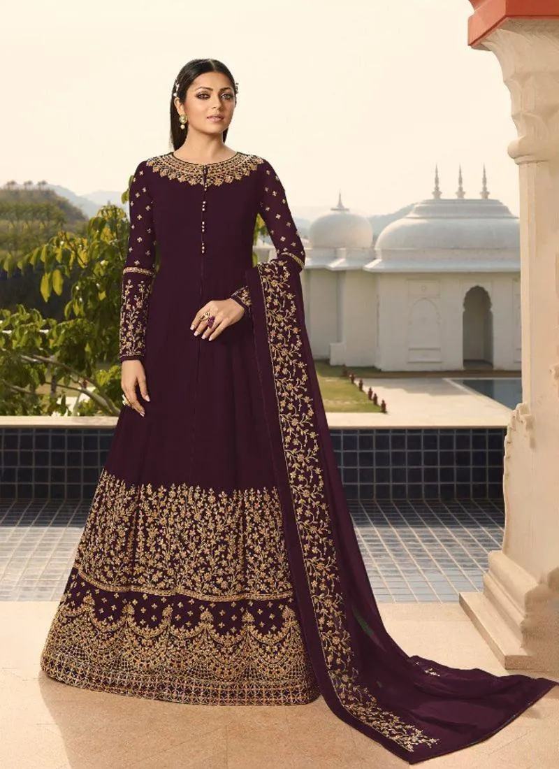 Wine Color Georgette Base Wedding Wear Embroidery Anarkali Suit