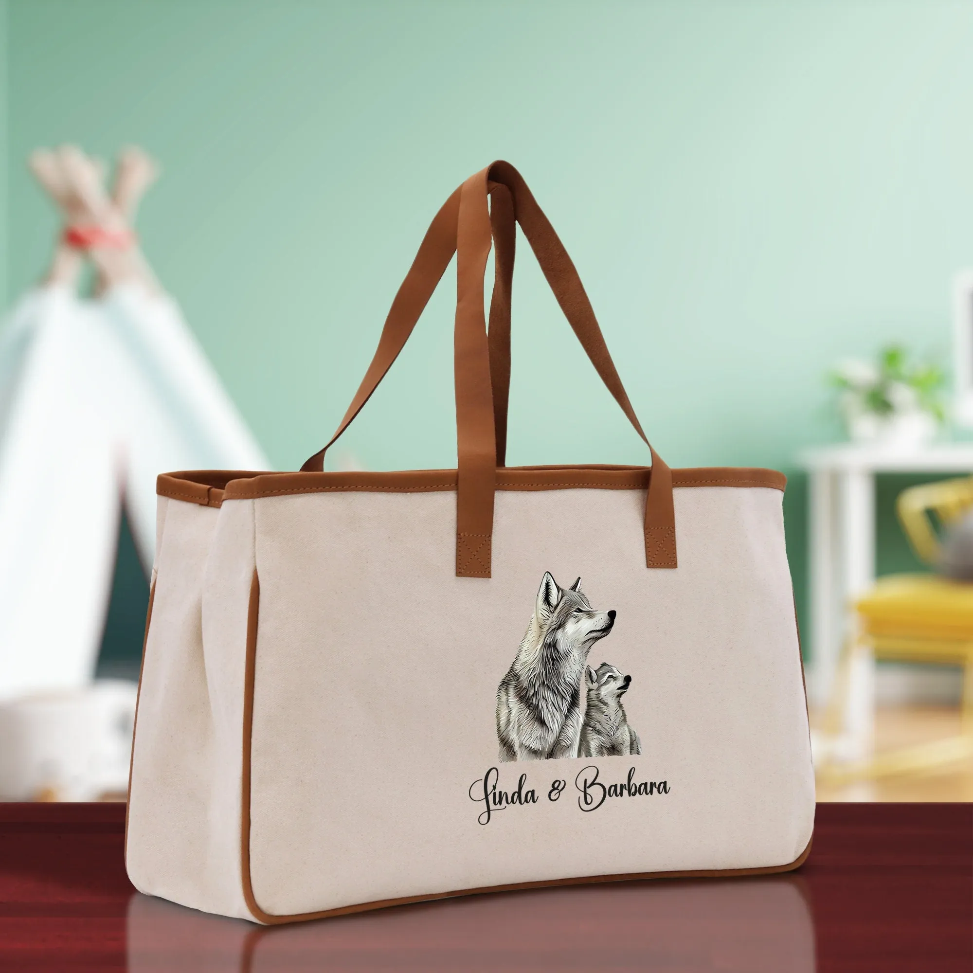 Wolf Mom And Baby Name Custom Cotton Canvas Tote Bag Custom Pet Lover Gift Pet Portrait Bag Personalized Pet Owner Gift Tote Bag