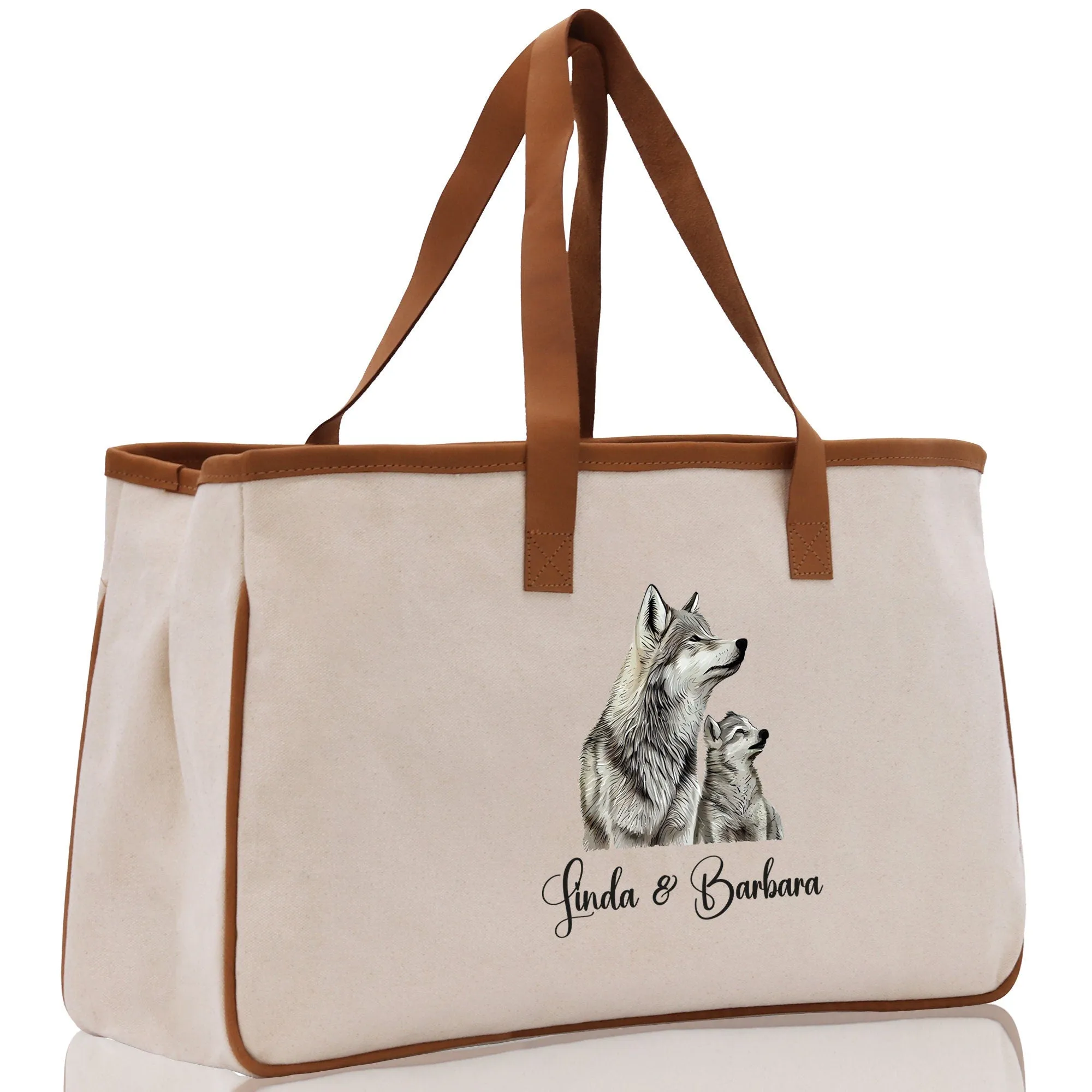 Wolf Mom And Baby Name Custom Cotton Canvas Tote Bag Custom Pet Lover Gift Pet Portrait Bag Personalized Pet Owner Gift Tote Bag