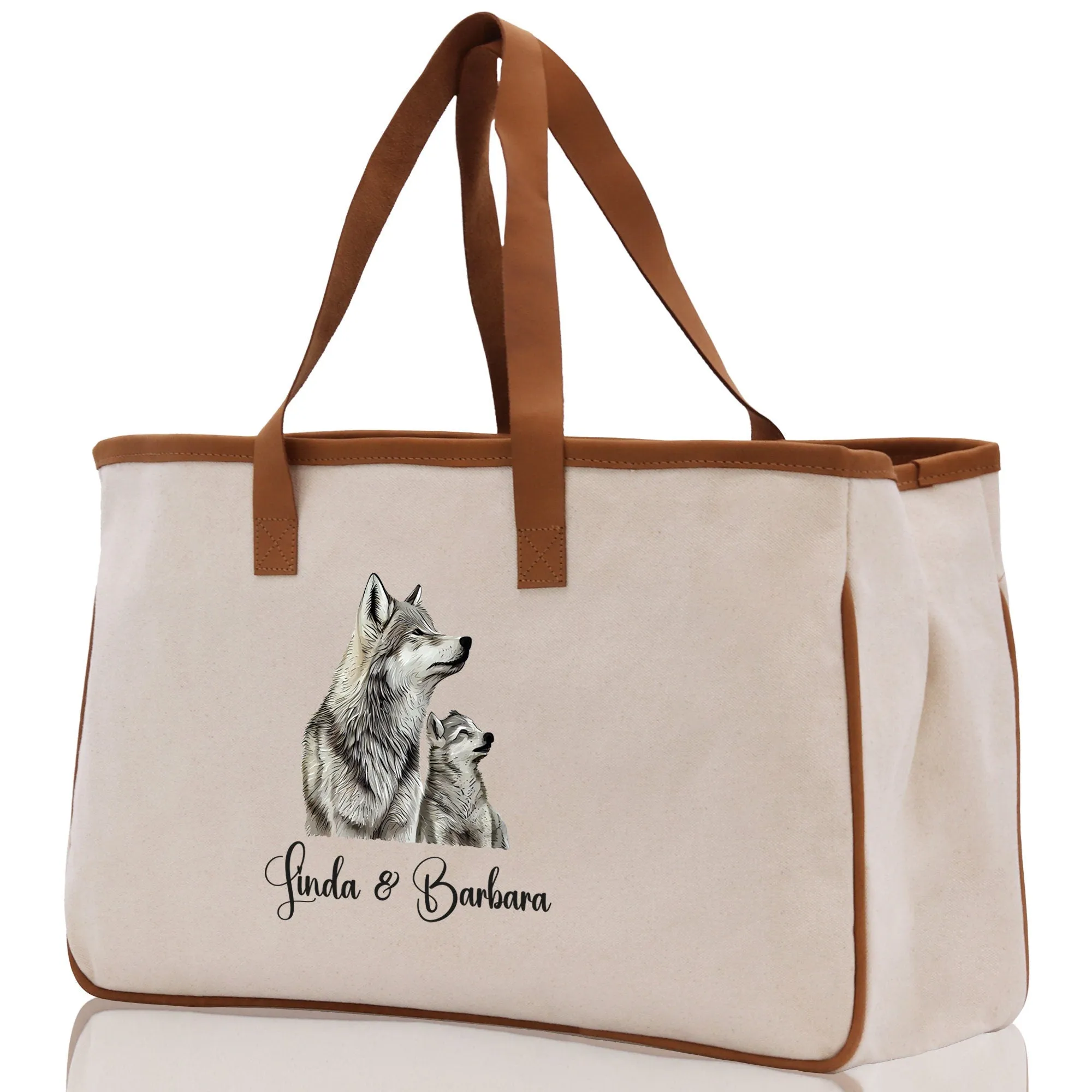 Wolf Mom And Baby Name Custom Cotton Canvas Tote Bag Custom Pet Lover Gift Pet Portrait Bag Personalized Pet Owner Gift Tote Bag